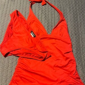DKNY Red Swim Top with Logo Plaque
